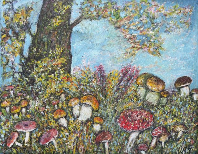 Mushrooms in the Forest, painting by Ukrainian artist Alvi Siren
