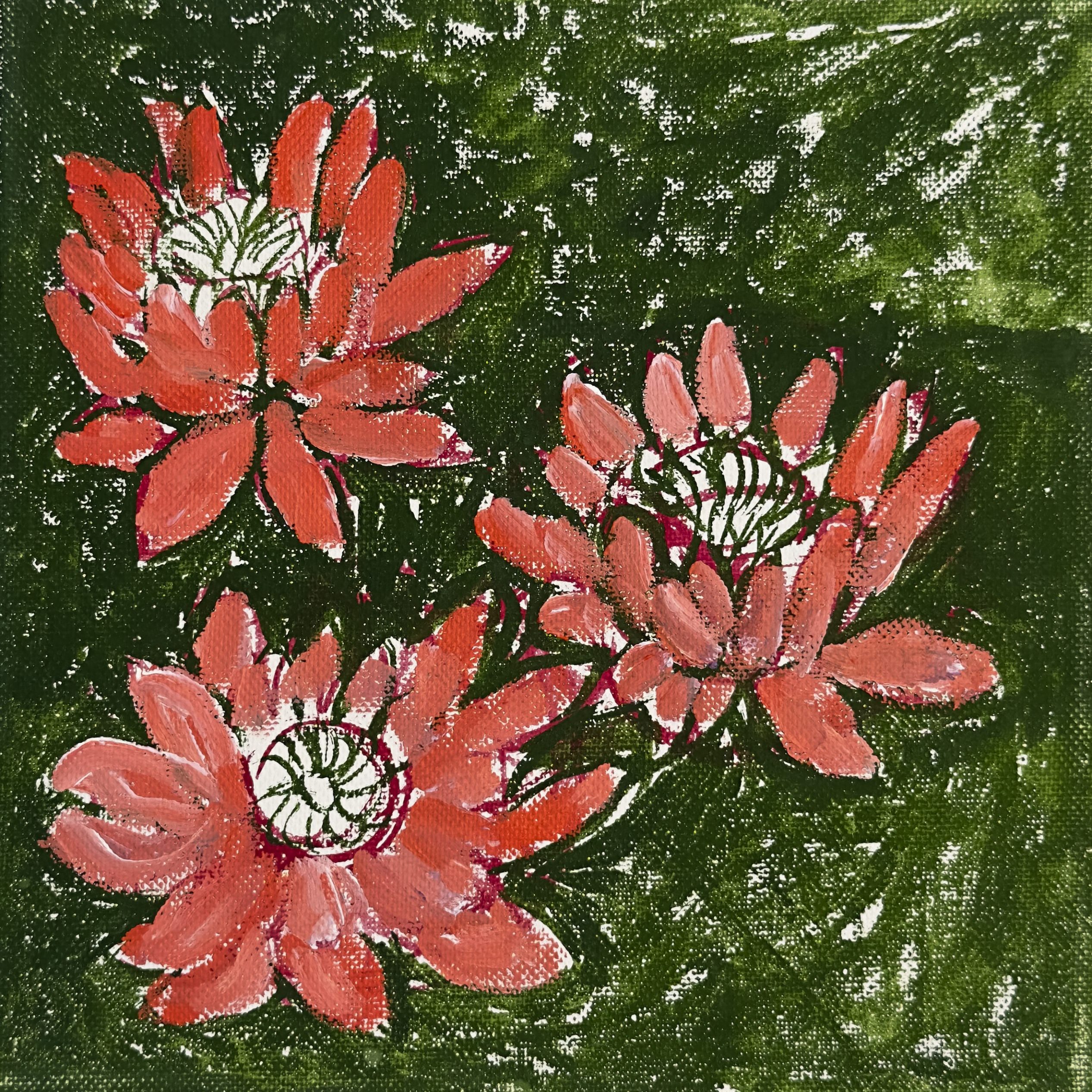 Red Blooms on Green, painting by Ukrainian artist Alvi Siren