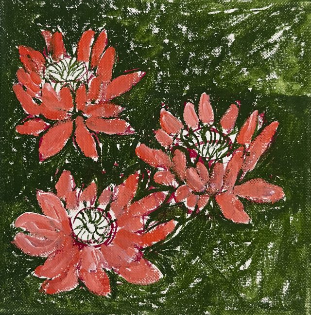 Red Blooms on Green, painting by Ukrainian artist Alvi Siren