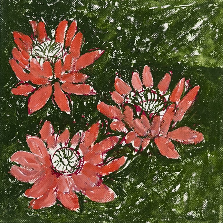 Red Blooms on Green, painting by Ukrainian artist Alvi Siren