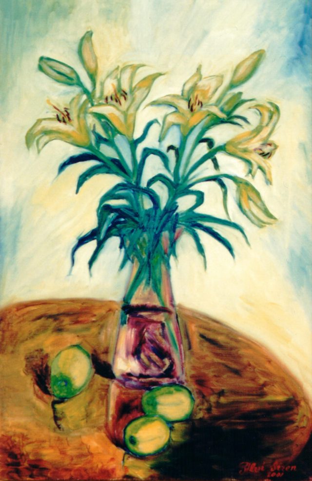 Yellow Lilies and Three Pears, painting by Ukrainian artist Alvi Siren
