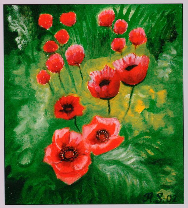 Poppies Emerging in Green, painting by Ukrainian artist Alvi Siren